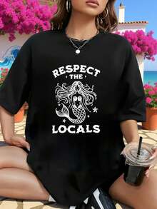 Minimalist. 100% Cotton. 1pac Leisure Women's Plus Size T-Shirt, Fashion All Seasons, Mermaid Art Print, Round Neck, Short Sleeves, Soft And Comfortable, Machine Washable, Ideal For Beach Vacation, Comfortable And Loose. Spring Summer Top - 黑色 - 查看 1