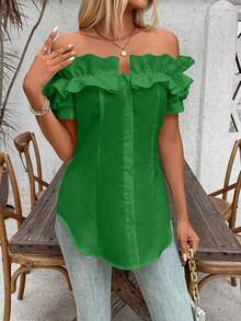 Talla Grande - Talla Grande - Camiseta de Mujer de Talla Grande, Color Sólido, Volantes y Hombros Descubiertos, Manga Corta - Verde - Ver 6