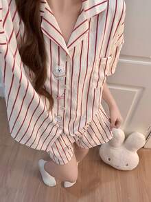 2件組女款睡衣家居服，可愛動物條紋印花短袖短褲，舒適時尚居家穿著 - 彩色 - 查看 10