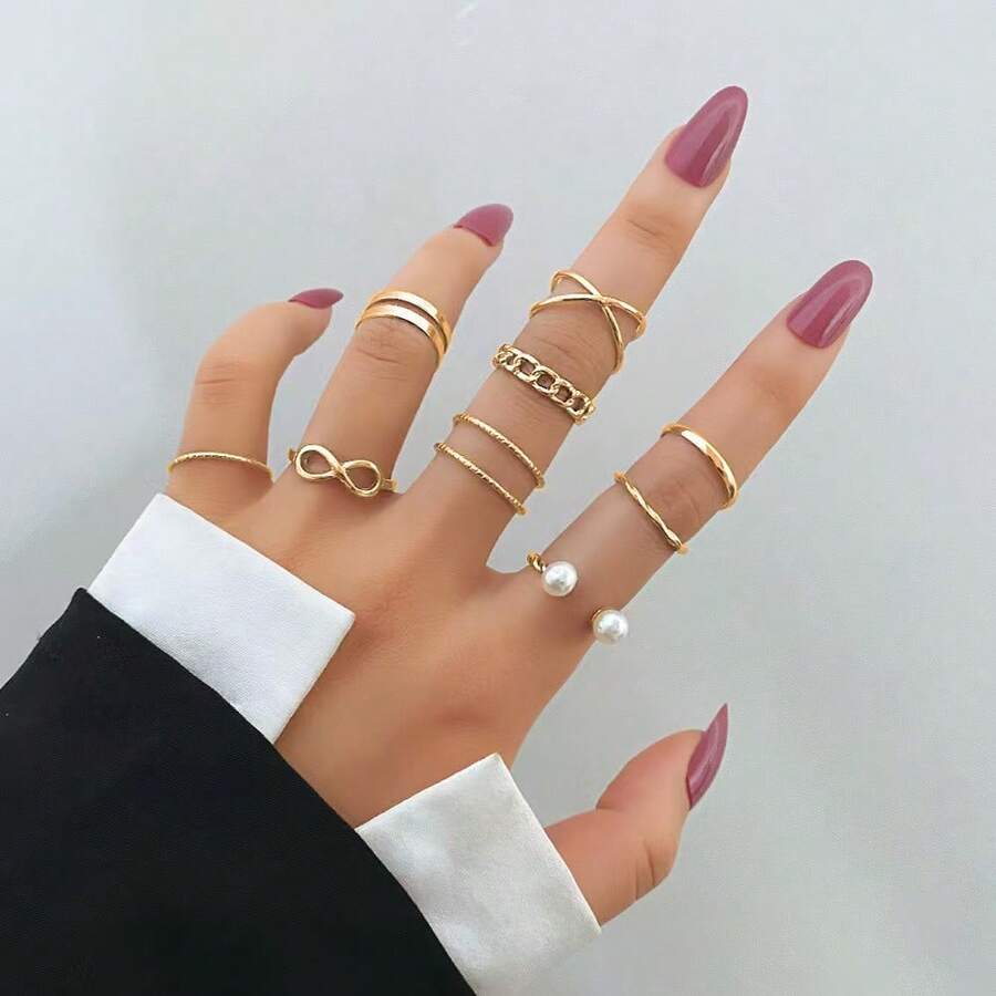 Women's 9pcs Geometric Ring Set Suitable For Daily Wear - Yellow Gold - View 1