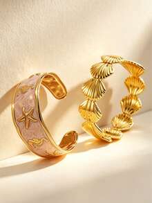 VceTd 1/2PCS Ocean Vacation Style Stainless Steel Women's Bracelet With Starfish/Shell Design, Suitable For Women's Daily Wear, Holiday Outings, Music Festivals, Holiday Parties, Ocean Vacations, Or As A Gift For Lovers Or Women - Yellow Gold - View 6