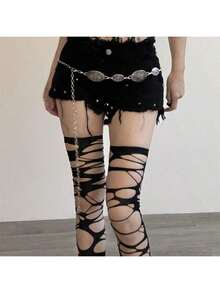Gothic Punk Ripped Asymmetrical Sexy Fishnet Tights, Lolita Spider Web Thigh High Socks For Women Christmas Gift - one-size - View 5