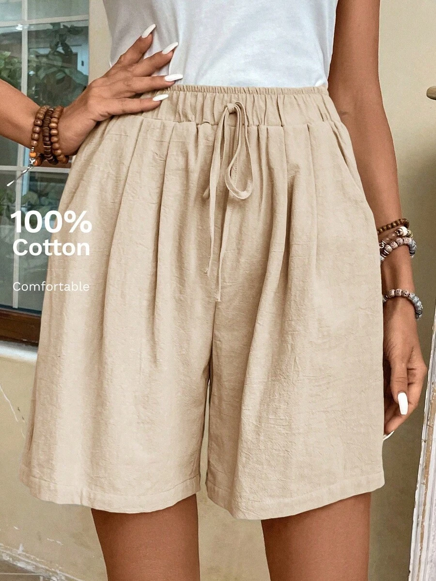 TIN Shorts de cordón de mujer de uso diario con un solo unicolor - Caqui - Ver 1