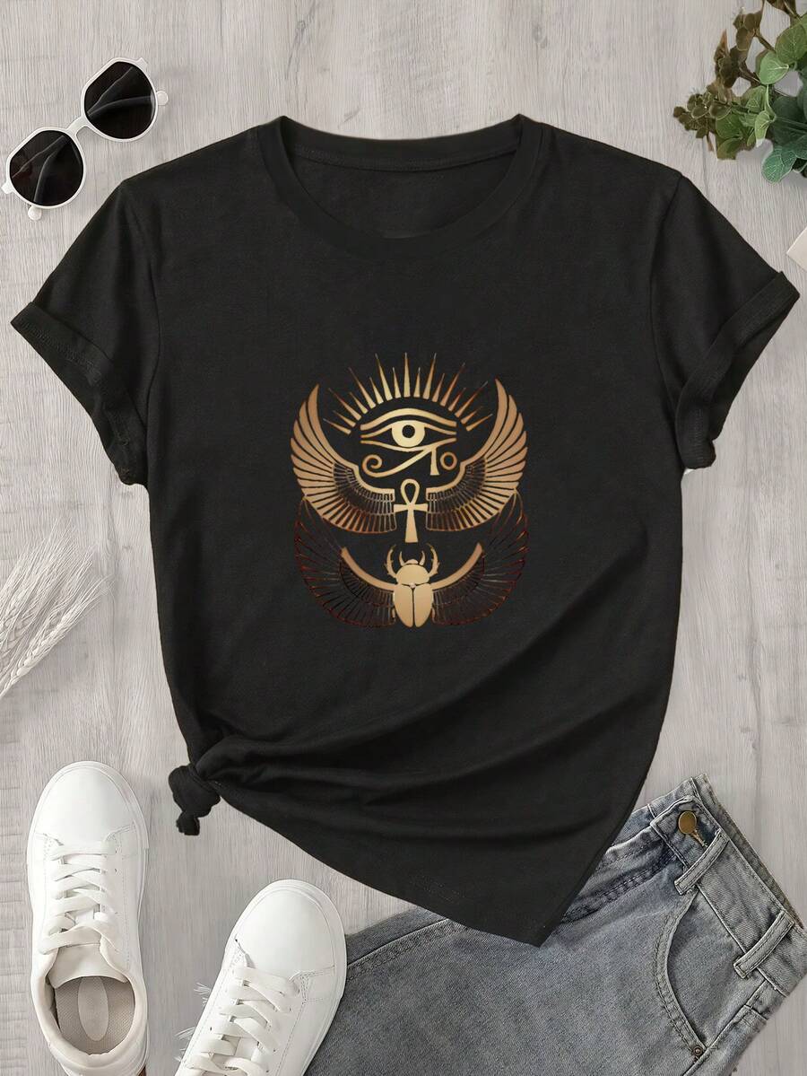 Camiseta de manga corta con cuello redondo para mujer, estampada con un símbolo global, apta para todas las estaciones. - Negro - Ver 1