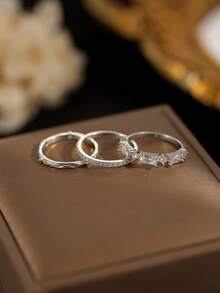 Gift Box Set 3pcs Silver Ring Combination, Twisted Band, Full Rhinestone Band And Rectangular Diamond Cluster Ring, Stackable Fashion Rings For Women - Silver - View 8