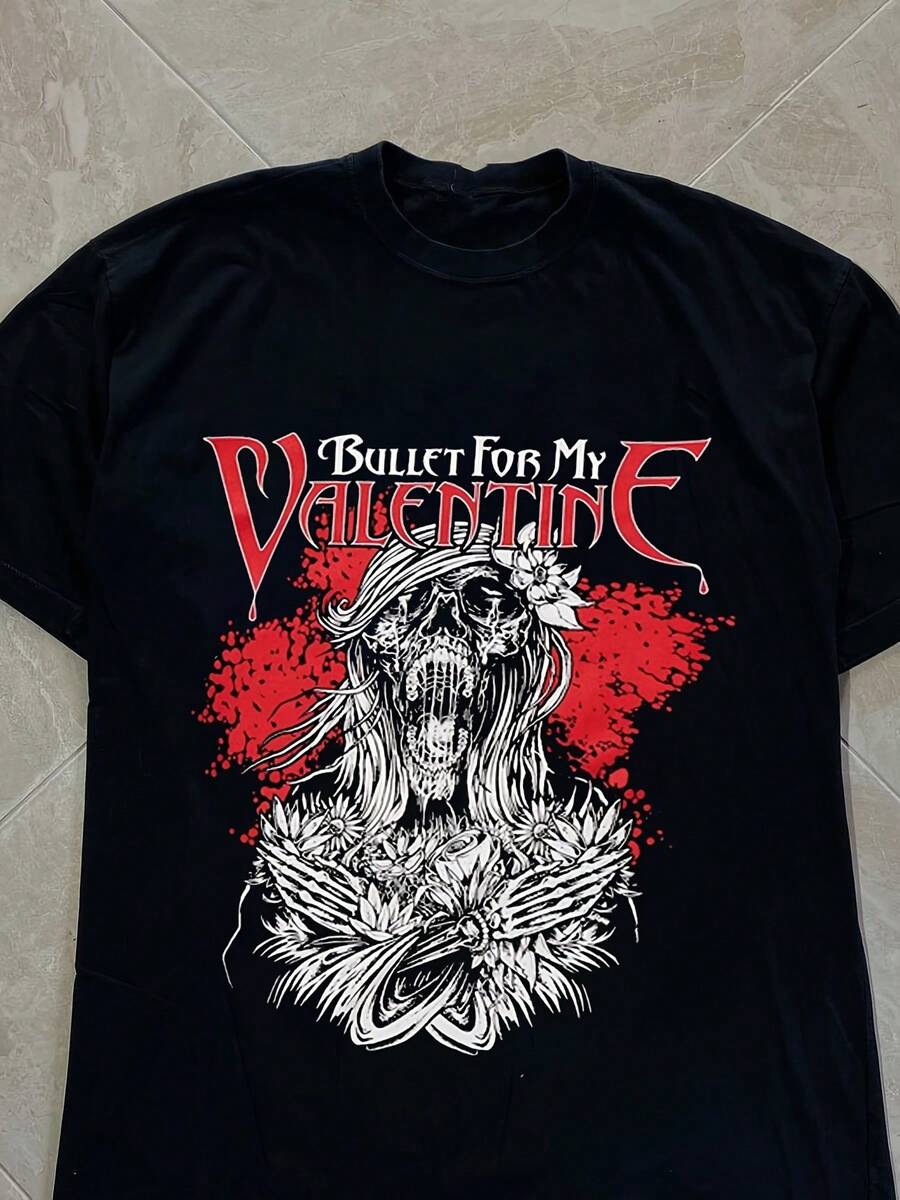 Rare Bullet For My Valentine Band Pattern T Shirt - Gothic Style Design,Skull And Rose Pattern With Red Splash Effect,Unisex,Heavy Metal Style,Streetwear,Soft And Breathable,Slightly Loose Fit,Size S-2345XL,Black - 黑色 - 查看 1