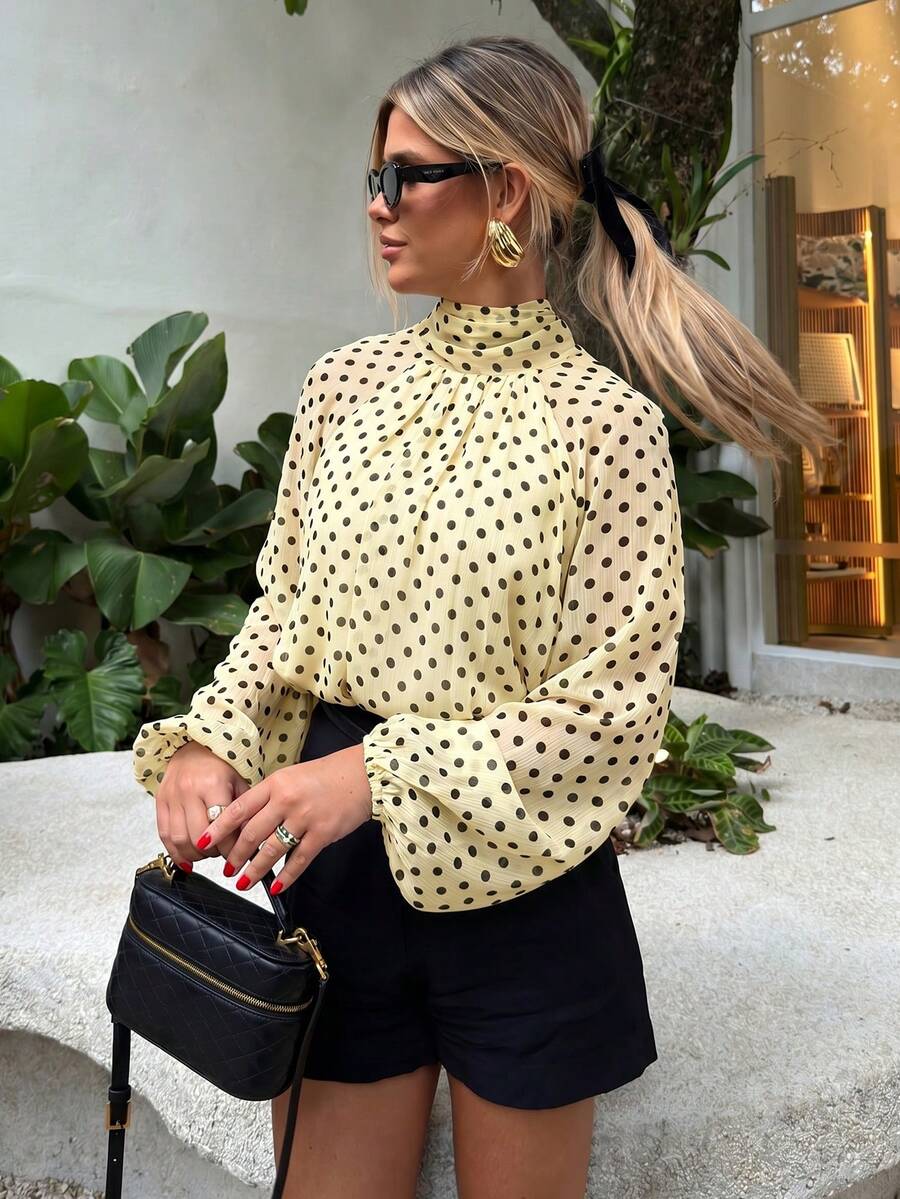 MUMRAP Women's Fashionable Spring Casual Bow Polka Dot Loose Blouse, Elegant Long Sleeve Top, Aesthetic - Yellow - View 1