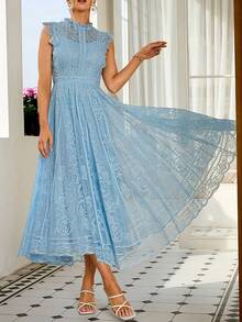 Women's Wedding Guest Dress, New And Elegant Fan-Shaped Lace Flared Dress, Retro Sleeveless Lace Dress, Suitable For Wedding Bridesmaid Dress, Evening Party, Casual Romantic Dates - 鵝黃色 - 查看 5