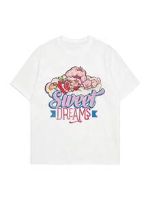 SHEIN X Strawberry Shortcake 女款夏季T恤，可愛「Sweet Dreams」印花寬鬆休閒短袖，適合日常穿搭與甜美女孩風 - 白色 - 查看 4