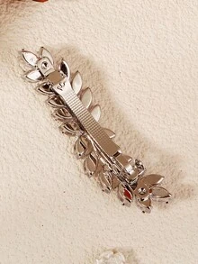 1 pieza Elegante clip para el cabello con decoración de hoja de strass, pasador francés de estilo botánico en tono plateado, accesorio para el cabello de novia para boda y fiesta de mujeres - Plateado - Ver 11