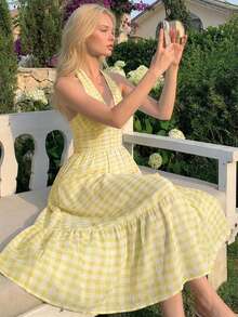 Women's Bohemian Style Backless Spaghetti Strap Plaid Pleated Dress, Casual Slim Fit A-Line Woven Dress, Suitable For Beach And Summer Parties - Yellow - View 5