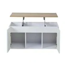 Mesa de centro para sala de estar, 46 x 95 x 45 cm, altura ajustável até aproximadamente 59 cm, com duas portas de armário e design minimalista. Mesa lateral em madeira natural, mesa de centro, escrivaninha. - Branco - Ver 9