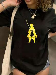 Under The Radar Crew Neck Funny Print Black T-Shirt With Yellow Warrior Silhouette Design For Women, Casual Urban Fashion Clothing, Unisex, Suitable For Holiday Gifts - Vintage Urban Style, Unisex Loose Fit Short Sleeve Crew Neck Cotton T-Shirt - 黑色 - 查看 1