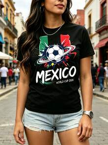 [Women's Summer T-Shirt] 2026 World Cup Theme | Mexico National Team Graffiti Style, Football Planet Ring | 100% Polyester, Vibrant Style For Women, Comfortable And Breathable Short Sleeves, Suitable For Men And Women. A Perfect Gift For Football Fans. - 黑色 - 查看 2