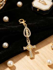 Christian Cross Pendant Keychain, Decorated With Pearls And Diamonds, Can Be Used As Amulet, Cross Keychain, Bag Charm, Cross Pendant, Wallet/Backpack Decorative Accessory, Earphone Case Accessory, Suitcase/Car Decorative Keychain With Ring Buckle - Multicolor - View 9