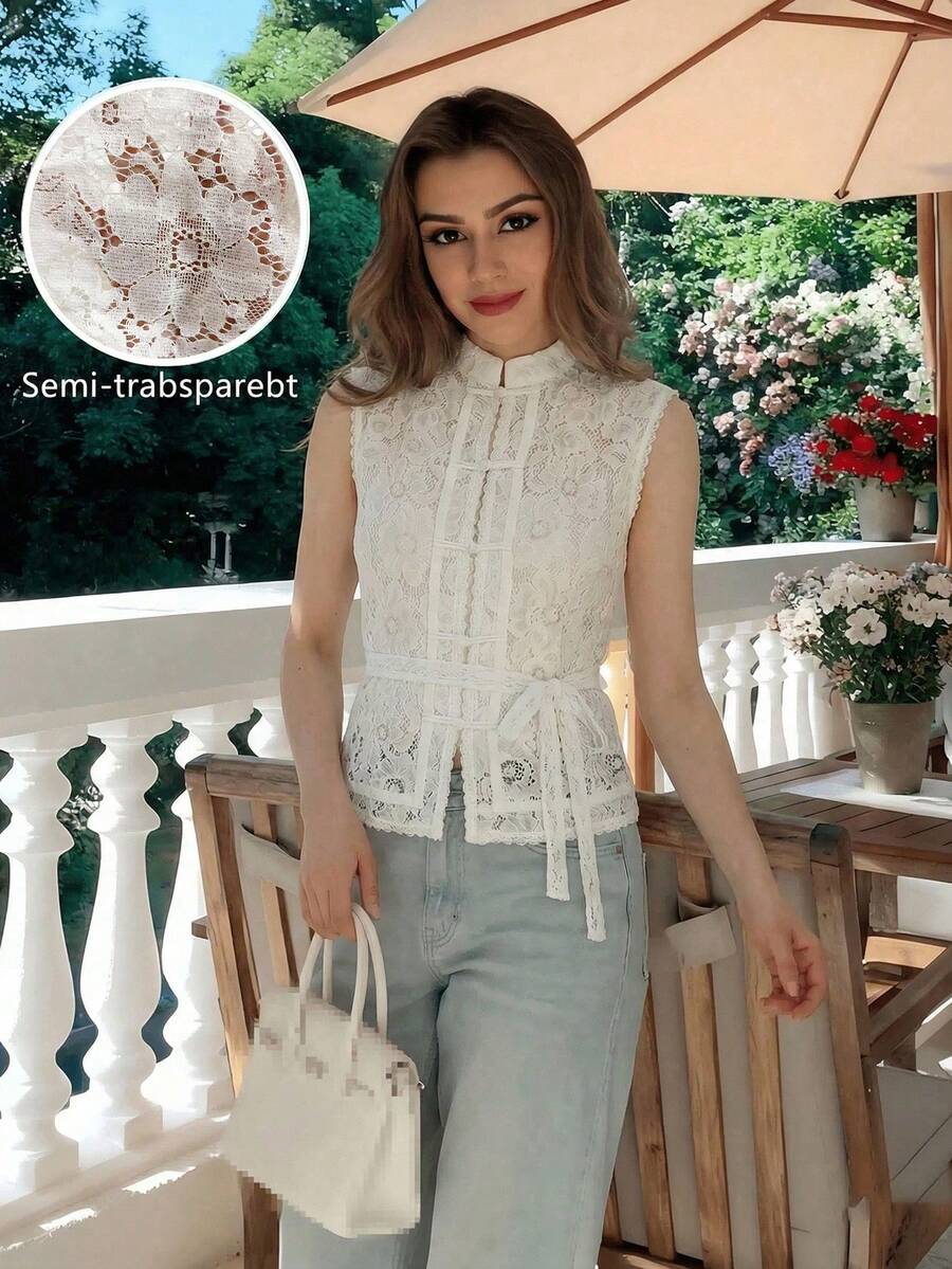 Áo sơ mi trắng ôm dáng cổ ren móc mùa xuân/thu, kiểu dáng thanh lịch dành cho quý cô công sở, dáng ôm vừa vặn, thiết kế tay phồng, cúc rỗng ren toàn bộ, mang hơi hướng lãng mạn Pháp, áo lót duyên dáng mùa hè. - trắng - Xem 1