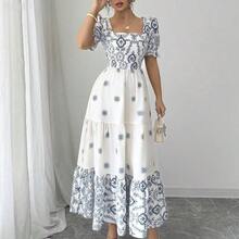 yonghongmaoyi1  Vestido casual/de trabajo de manga corta con cuello cuadrado y cintura ceñida en línea A con estampado para mujer - Rojo - Ver 5