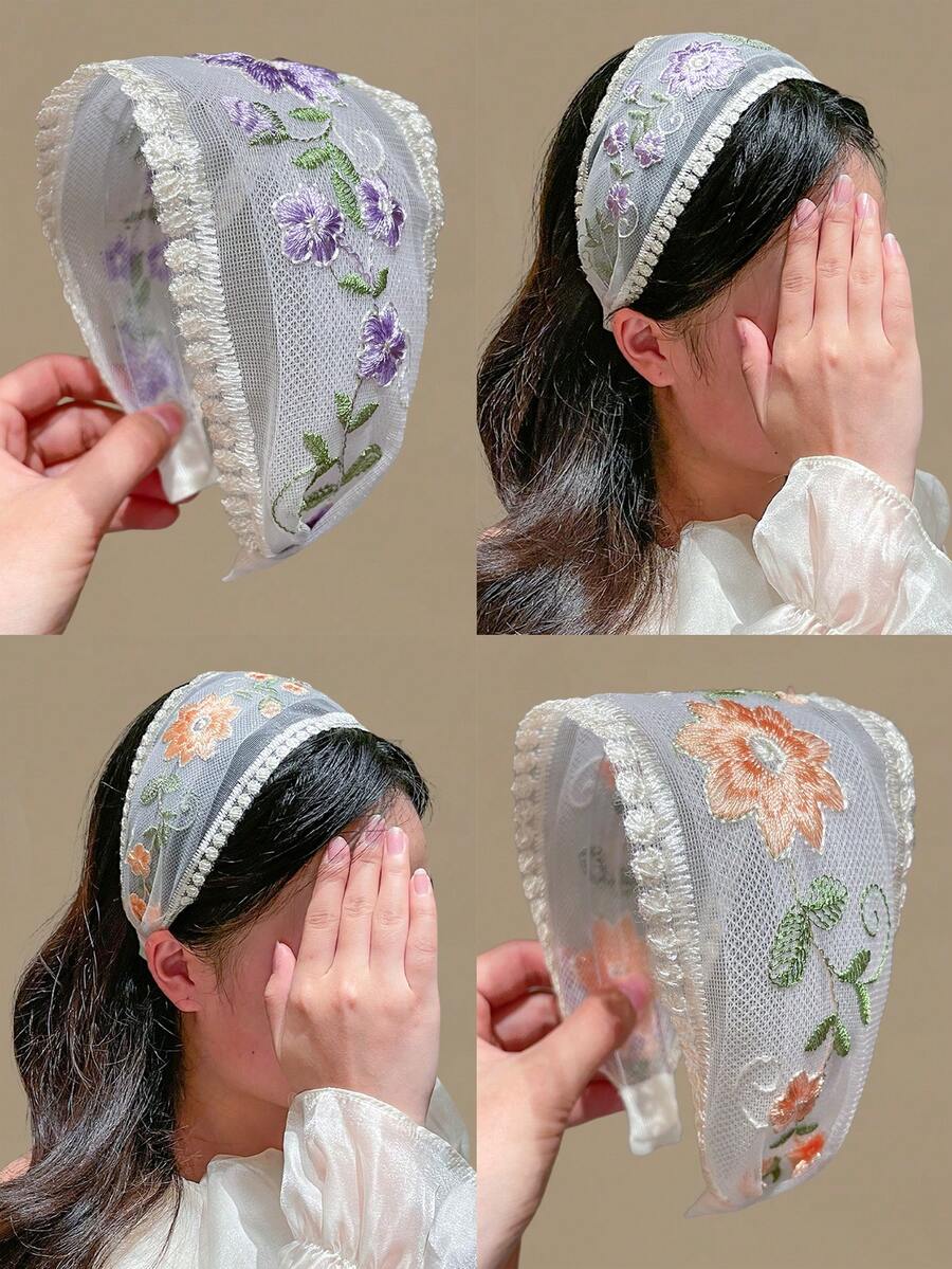 2件組女款刺繡花卉網紗蕾絲寬版髮箍 波西米亞風 女用髮飾 適合日常休閒、外出、海灘度假、拍照氛圍 夏日配件 禮物 - 彩色 - 查看 1