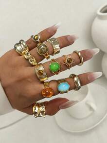13pcs Vintage Bohemian Style Women's Rings, Suitable For Daily Wear, Vacation, Dating, Party, Layering - Gold - View 2