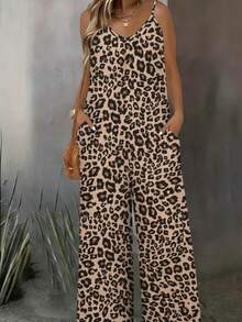 Leopard Print V Neck Spaghetti Strap Wide Leg Pocket Casual Jumpsuit - FSZW32378 - 查看 2