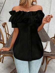 Talla Grande - Talla Grande - Camiseta de Mujer de Talla Grande, Color Sólido, Volantes y Hombros Descubiertos, Manga Corta - Negro - Ver 3