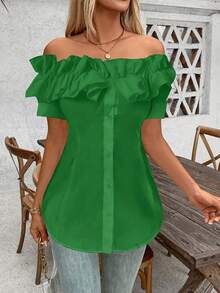 Plus Size - Plus Size - Women's Plus Size T-Shirt, Solid Color, Ruffles And Off Shoulder, Short Sleeve - 綠色的 - 查看 5
