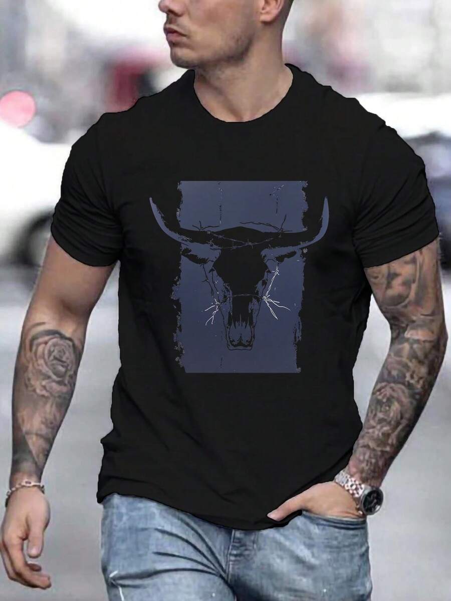 Salvaje Oeste, Camiseta Gráfica de Calavera de Toro para Hombre - Cuello Redondo Casual, Manga Corta, Poliéster Transpirable - Perfecta para el Verano - Negro - Ver 1