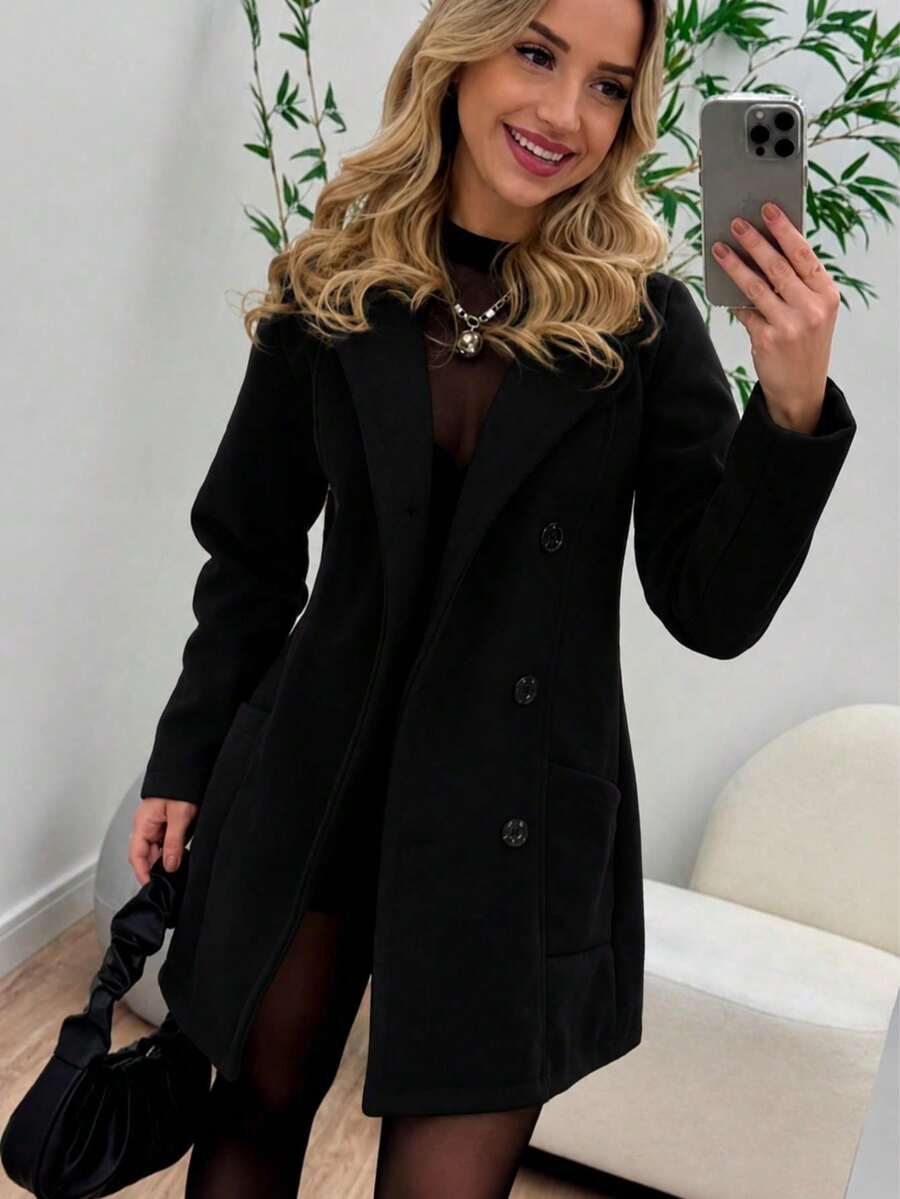 Women's Overcoat, Wool, Buttoned, Winter - Negro - Ver 1