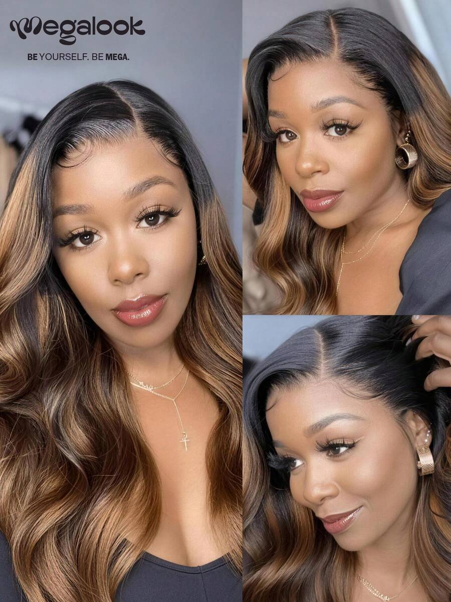 MEGALOOK Upgrade 360 Lace Frontal Wigs Highlight Brown Color Body Wave Lace With Drawstring Cap 100% Human Hair 18-30 Inch 180% Density Glueless Wigs Transparent Lace Frontal Wig Free Part - SNATURAL/30 - View 1