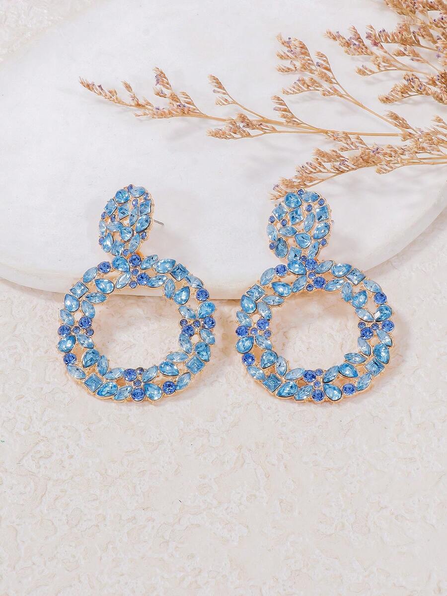1 Pair Round Rhinestone Exaggerated Drop Earrings, Elegant Vacation & Evening Party Accessories For Women - Baby Blue - View 1