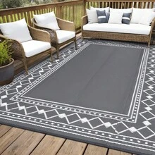 BouPower Waterproof Reversible Outdoor Rug For Patio, Modern Bordered Plastic Straw Mat,Easy To Clean, Portable For RV, Deck, Balcony, Backyard, Picnic, Beach - Gray 9*18ft - View 1
