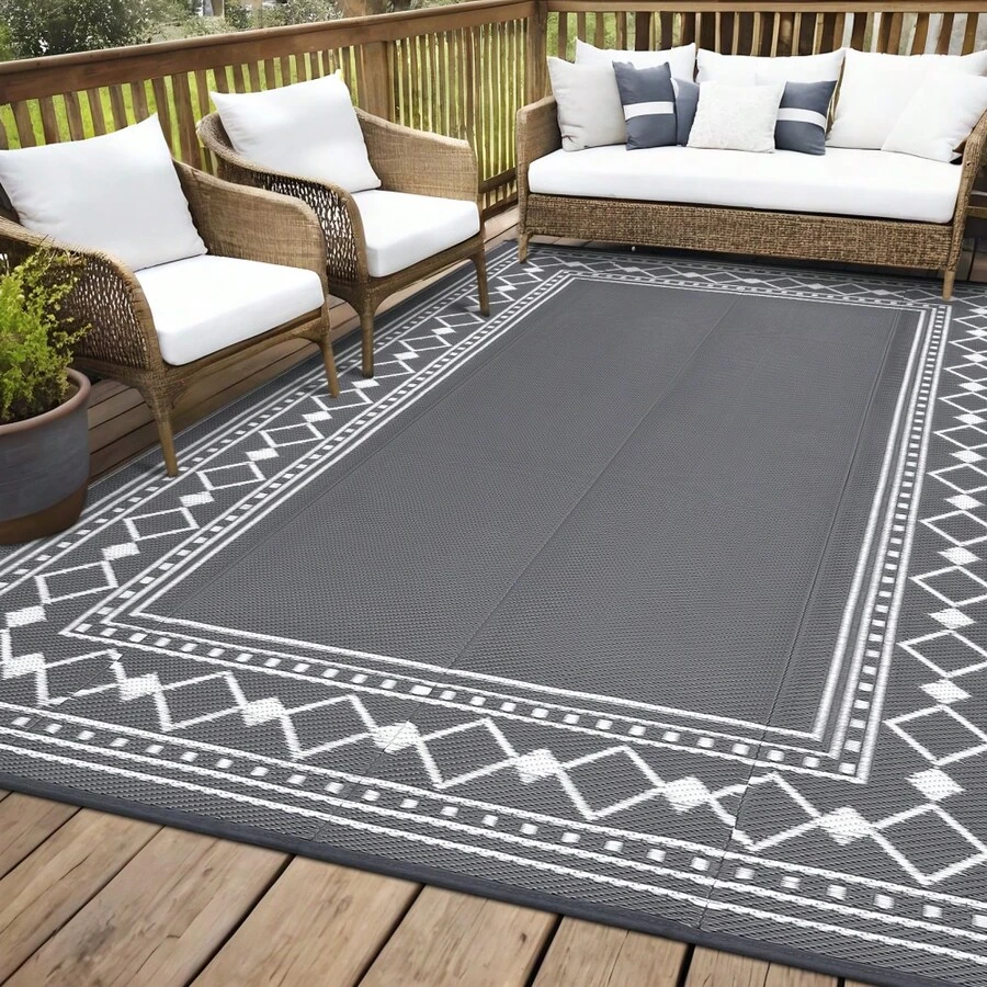 BouPower Waterproof Reversible Outdoor Rug For Patio, Modern Bordered Plastic Straw Mat,Easy To Clean, Portable For RV, Deck, Balcony, Backyard, Picnic, Beach - Gray 9*18ft - View 1
