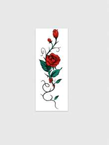 1 Pc Traditional Red Rose Temporary Tattoo Sticker With Swirl Stem Design, Waterproof Long Lasting Fake Tattoo, Romantic Gothic Body Art For Arms & Shoulders - Multicolor - View 2