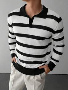 WAIT HIM Men's Casual Colorblock Striped Sweater - Black and White - View 5