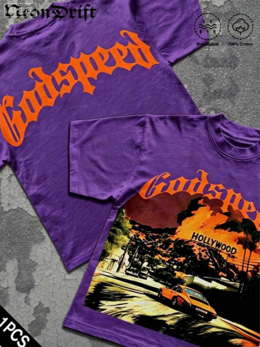 Break The SystemMen's Washed Vintage Crewneck T-Shirt, 100% Cotton 180GSM, Godspeed Highway Car Print, Retro Faded Style, American Streetwear, - 紫色3 - 查看 1