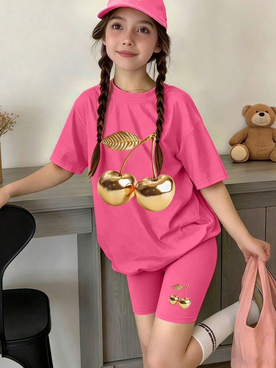 2pcs/Set Cute Cartoon Print T-Shirt & Shorts Set For Teen Girls - Teen Girls Clothing Spring/Summer New Arrival - Hot Pink - View 1
