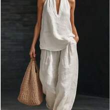Women's Halter V-Neck Sleeveless 2-Piece Set, Solid Wide Leg Pants, Casual Lounge Co-Ord Outfit For Summer Vacation - 淺綠色 - 查看 7