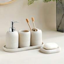 Cream Minimalist Bathroom Set, Lotion Dispenser Bottle & Toothbrush Cup, Nordic Style Bathroom Sink Use, Lotion Dispenser Bottle, Toothbrush Cup, Bathroom Set - Classic - View 3