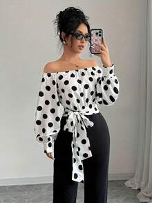 Elegant Women's Off-Shoulder Blouse With Polka Dots And Front Bow - Puff Sleeves, Round Neck, White, Machine Washable, Ideal For Casual Or Semi-Formal Wear In All Seasons - 彩虹般的色彩 - 查看 3