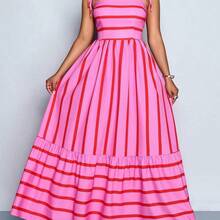 yonghongmaoyi1  Vestido maxi de estilo fluido con rayas, con tirantes y detalles de recogido en el pecho, adecuado para vacaciones, playa, ir al trabajo y uso casual, elegante vestido (floral aleatorio) - Café integral - Ver 3