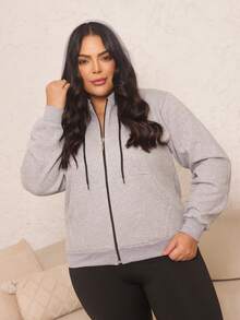 Women's Plus Size Blouse With Zipper, Pockets, And Fur Trim. - Beis - Ver 1