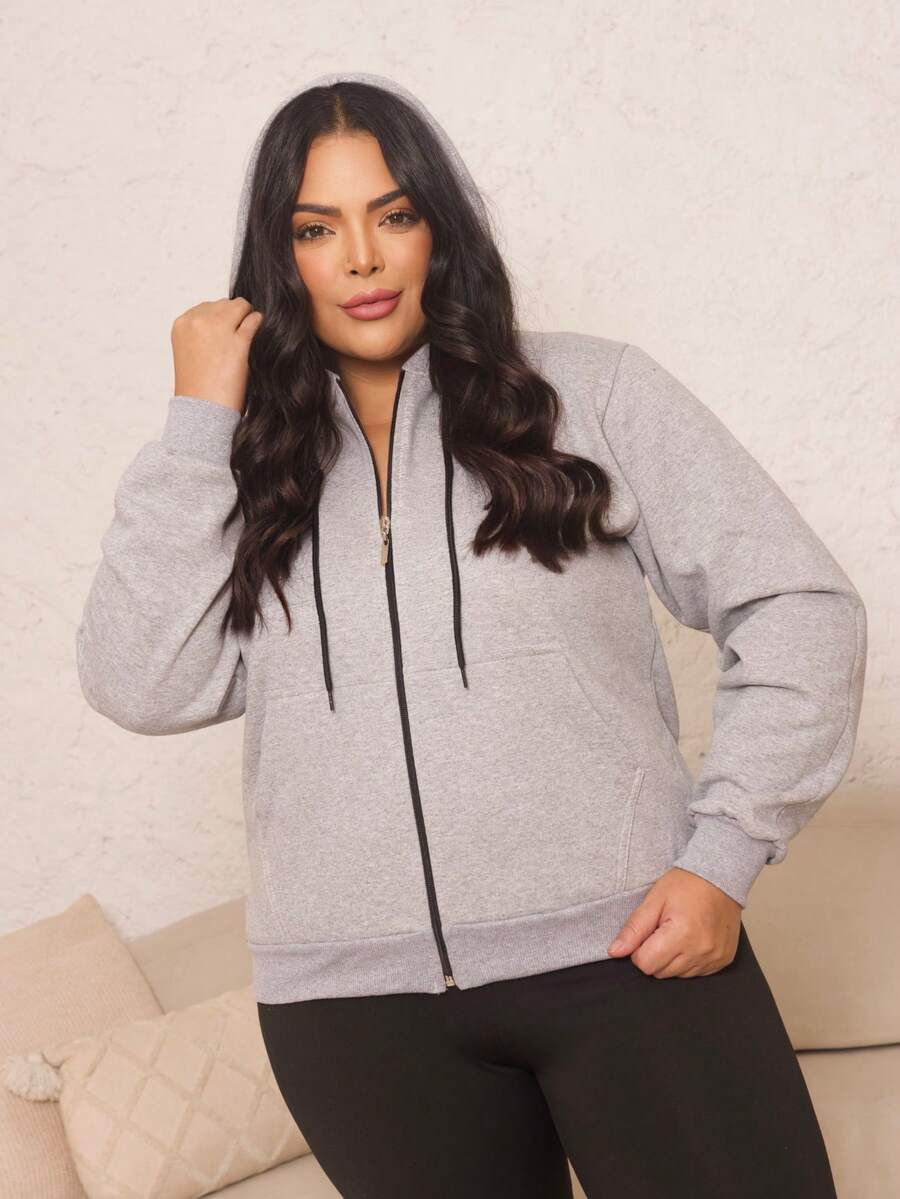 Women's Plus Size Blouse With Zipper, Pockets, And Fur Trim. - Beis - Ver 1