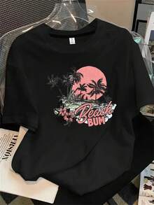 Sudadera de manga corta con cuello redondo y estampado playero para mujer, de una tienda de artista, apta para todas las estaciones. - Negro - Ver 1