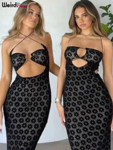 Vestido largo de doble capa con diseño de gato extraño para mujer, vestido liso con cordones de malla con flores huecas, ceñido al cuerpo, sin espalda, traje de vacaciones Sexy - Negro - Ver 6