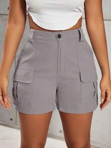 Y2K Women Grey Cargo Shorts Flap Pockets Button Up Straight Leg Fit Perfect For Summer Vacations Beaches And Casual Street Wear Outfits - Light Grey - View 3