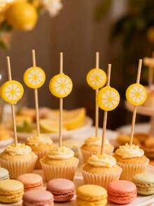 100pcs Lemon Theme Toothpick Set, Suitable For Appetizers. Made Of 4.7 Inch Bamboo Toothpicks, Perfect For Summer Parties, Holidays, Graduation Celebrations, Cakes And Desserts, Fruit Platters And Christmas Party Decorations. - Multicolor - View 4