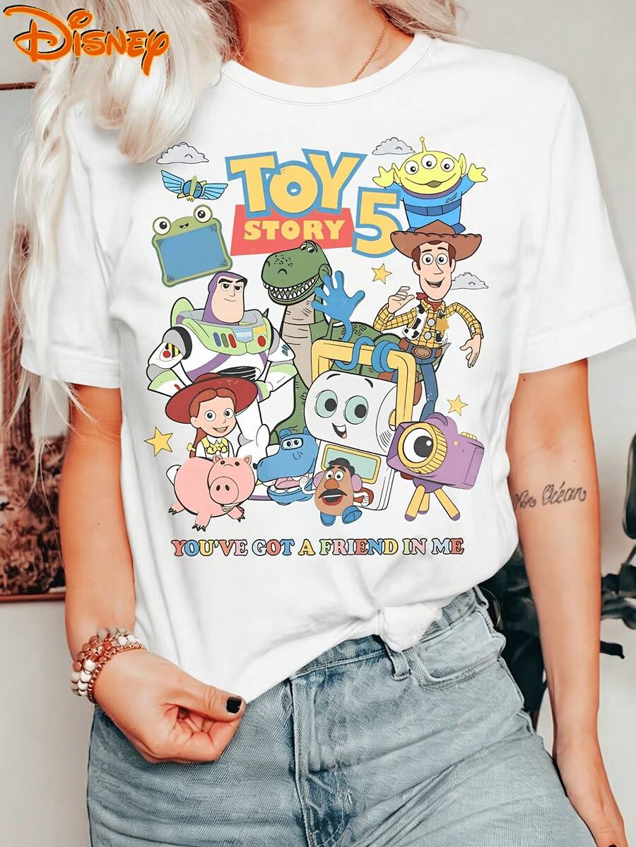 Disney Toy Story 5 All Characters You've Got A Friend In Me 100% Cotton Crew Neck Short Sleeve Casual Daily Wear Graphic Tee For Women Fans Gift - 白色 - 查看 1