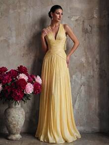 Smilprince Women's Spring/Summer Gentle Flowing Pale Yellow Spaghetti Strap V-Neck Pleated Maxi Evening Gown, Shiny Chiffon Formal Dinner Dress - Yellow - View 6