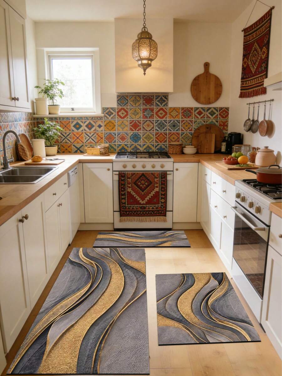 1pc Diatom Mud Kitchen Mat With Abstract Gold Marble Pattern Design, Grey Base With Metallic Gold Curved Lines, Fluid Marble Fusion Effect, Modern Luxury Artistic Style - Multicolor - View 1