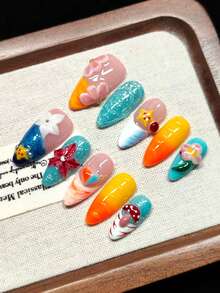 Vernis à ongles à presser fait main en rose nude avec des bords français orange, bleu et blanc, des fleurs gravées 3D rose et blanc, des étoiles de mer en relief, des formes de cœur et des motifs de champignons rouges, des paillettes argentées, des perles dorées et blanches, et des diamants scintillants. Ongles - Multicolore - Voir 5